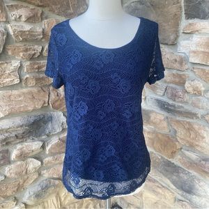 Leo + Nicole Navy Blue Lace Overlay Top
